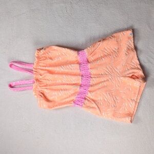 Deux Par Deux Girls Printed Terry Cloth Romper Vibrant Orange & Pink